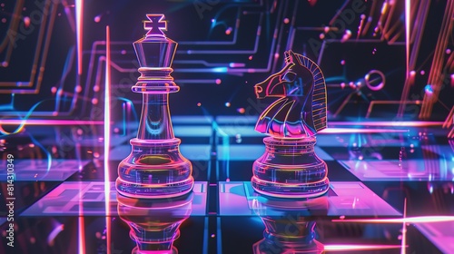 Artificial intelligence. The digitally styled illustration features two chess pieces on a board with a cyberpunk-inspired background. Abstract design glowing neon lines