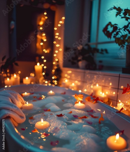 A luxurious bath setup with floating candles, petals, and ambient lighting for relaxation