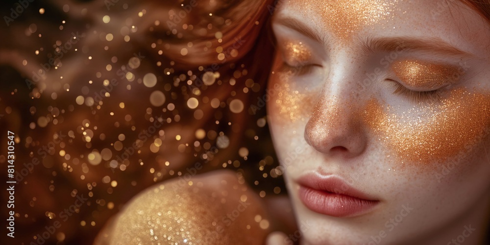 Dreamy portrait of a redhead with golden sparkles on her face, eyes closed, in a bokeh setting