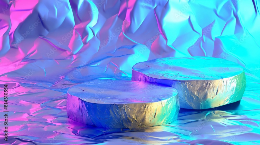 Two round podiums with a reflective surface on a crumpled holographic foil background Two round podiums with a reflective surface on a crumpled holographic foil background