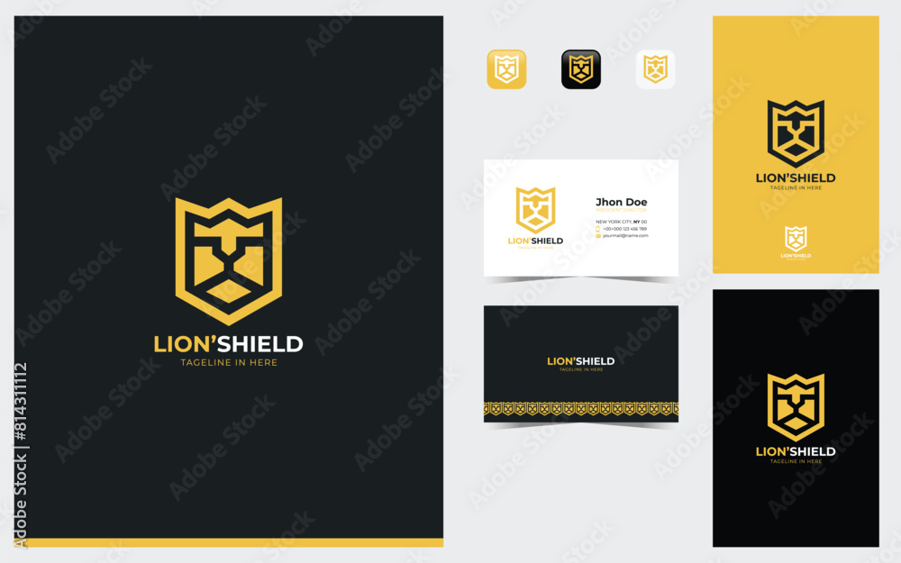 Lion head logo formed shield symbol in gold color Stock Vector | Adobe ...