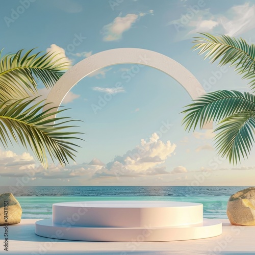 3D render  minimal Summer background with empty podium or pedestal platform for showing product  cosmetic scene for mock up  beach swim elements decoration