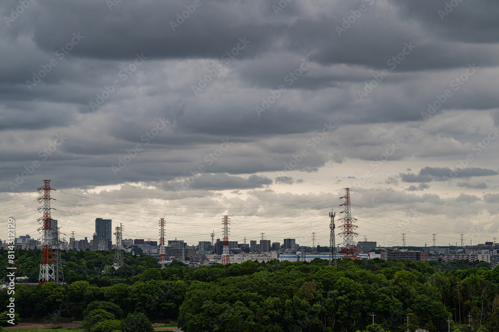 曇り空の新緑と鉄塔