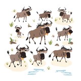 A group of wildebeests are standing in a field. The wildebeests are all different sizes and colors. They are looking at each other and seem to be having a conversation.