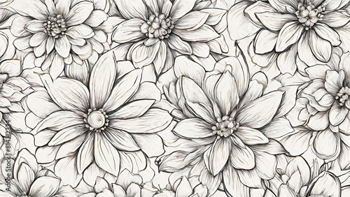 Monochromatic Elegance  Hand-Drawn Blooming Flowers Pattern