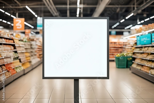 Blank advertising mockup stands within an supermarket setting , blurred background , showcasing a wide banner design featuring ample blank .space for your content design. 