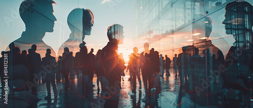 Double exposure image of many business people teamg group silhouette office background.