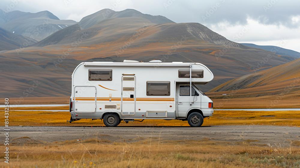 Camper vehicle on mountains landscape, Travel adventure in motor home