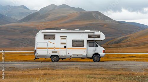 Camper vehicle on mountains landscape, Travel adventure in motor home