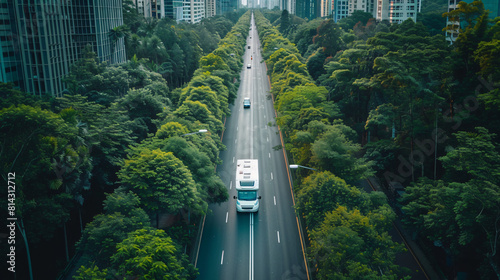 Fototapeta Naklejka Na Ścianę i Meble -  over head view of Motorhome on the road in city