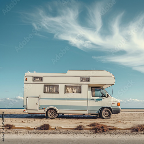 vintage camping bus, camper in desert landscape