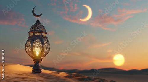 3D Rendering: Arabian lantern on desert dune under a realistic crescent moon - Celebrating Islamic Faith with Eid Mubarak Festivities. Celebrating Islamic Faith and Joyous Eid Festivities, Eid Mubarak