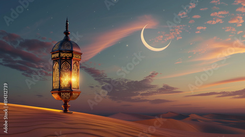 3D Rendering: Arabian lantern on desert dune under a realistic crescent moon - Celebrating Islamic Faith with Eid Mubarak Festivities. Celebrating Islamic Faith and Joyous Eid Festivities, Eid Mubarak