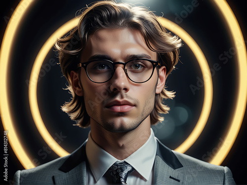 Arrogant young narcissist man in a fashion suit and in glasses looking up at camera and a halo glows above his head. Male narcissism concept photo