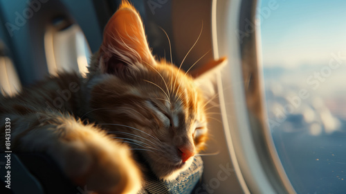 Transportation of pets in the cabin of the aircraft. A cute orange kitten sleeps on the back of the passenger seat at the window of the plane photo