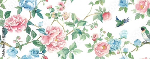 Seamless vintage watercolor with peonies and birds.