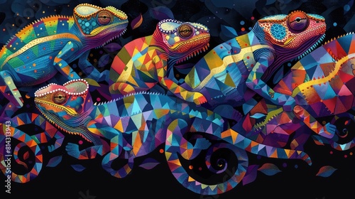 Vivid Chameleons on Psychedelic Background 