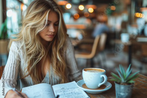 A woman is sitting at a table with a cup of coffee and a notebook