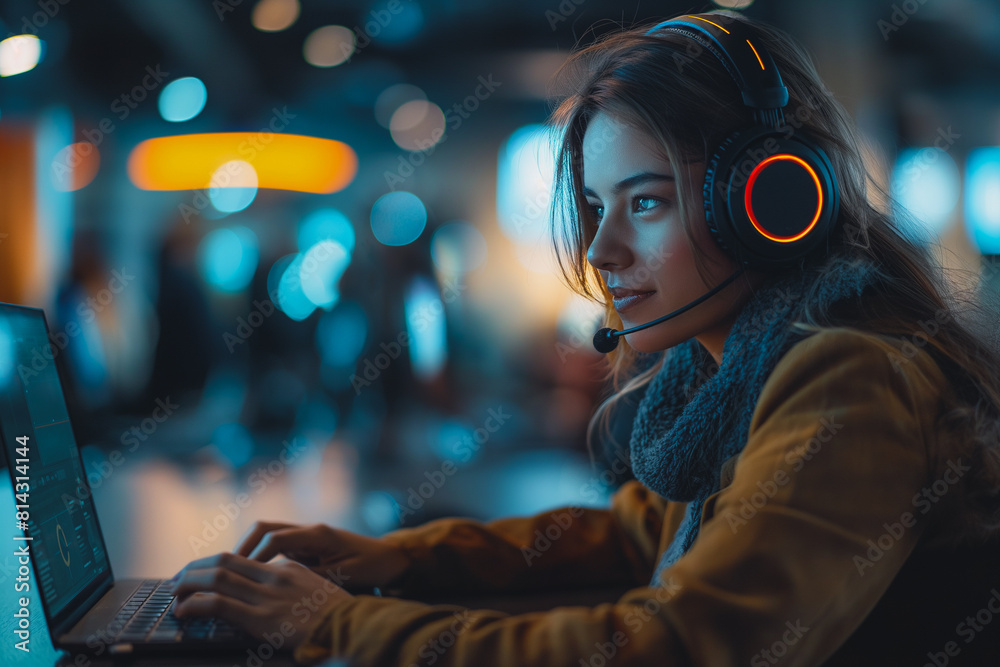 A woman wearing headphones is typing on a laptop A woman wearing headphones is typing on a laptop