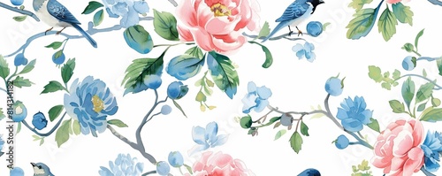 Seamless vintage watercolor with peonies and birds.