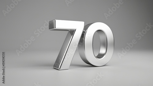 A realistic, glossy silver number 70 stands out on a gray background in 3D style imitation