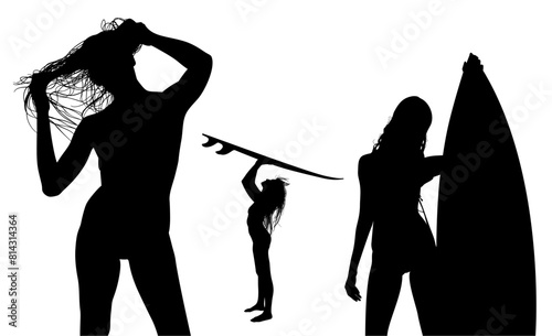 surfistas, contraluz, vector, tabla, surf, mar, atardecer, mujer surfista, silueta, tablista, ilustracion, arte surf, rosa, surfista en la playa, chica surf, mujer