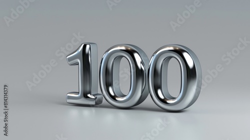 Realistic silver number 100 in 3D style imitation on a gray background photo