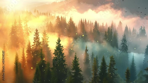 spruce trees down the hill to coniferous forest. seamless looping overlay 4k virtual video animation background photo