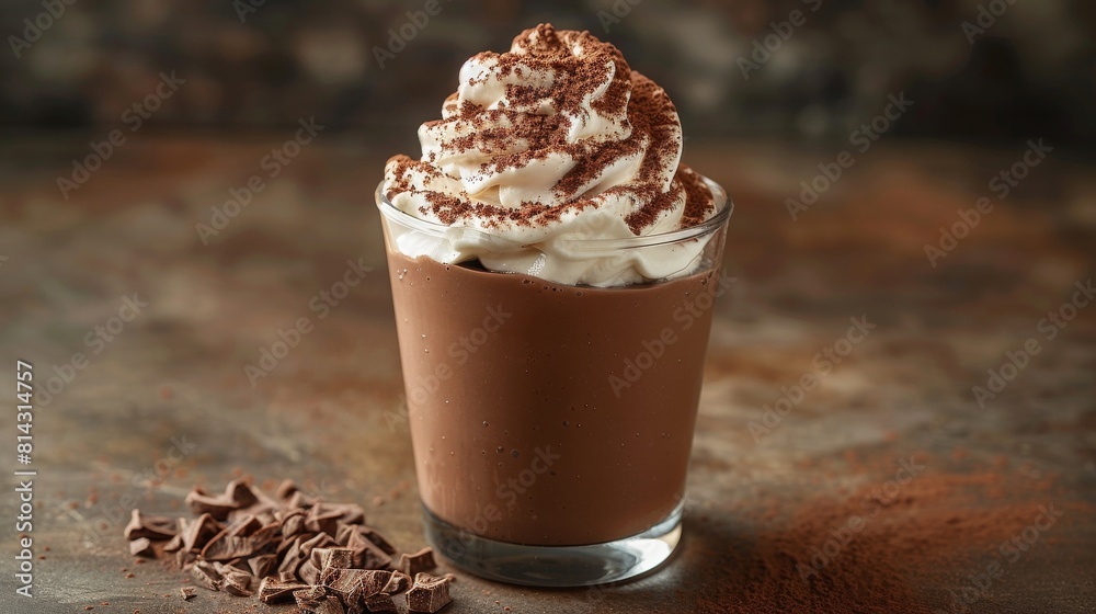 A delicious chocolate pudding in a glass dish with whipped cream and powdered cocoa. A delicious chocolate pudding in a glass dish with whipped cream and powdered cocoa.