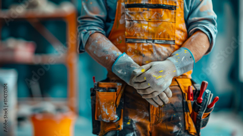 A close-up of a construction worker's dirty hands, wearing a tool belt, emphasizing hard work.