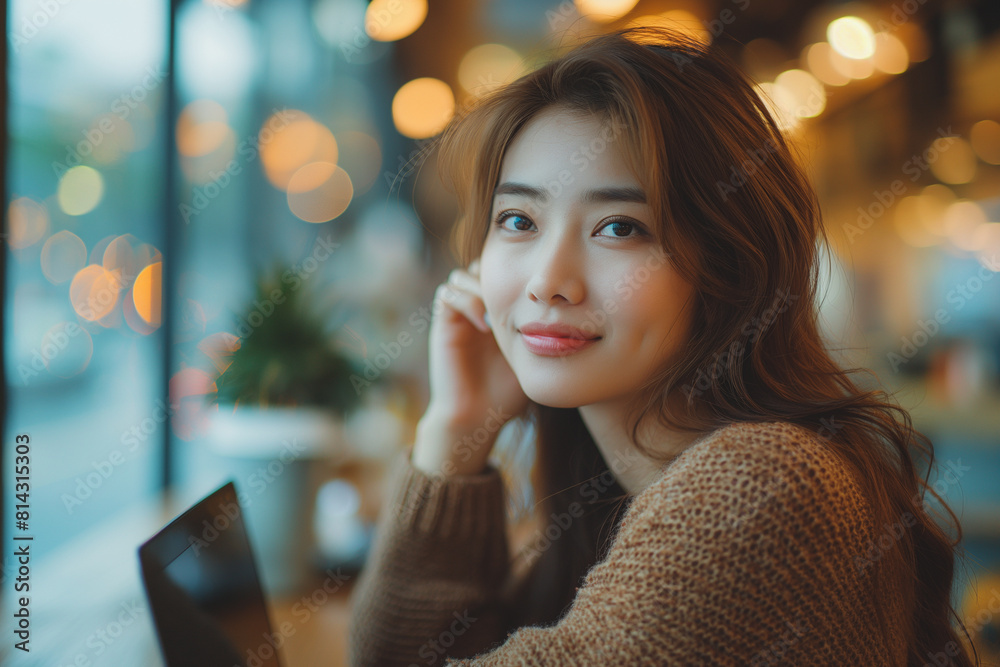 A woman with long brown hair is sitting at a table with a laptop in front of her A woman with long brown hair is sitting at a table with a laptop in front of her