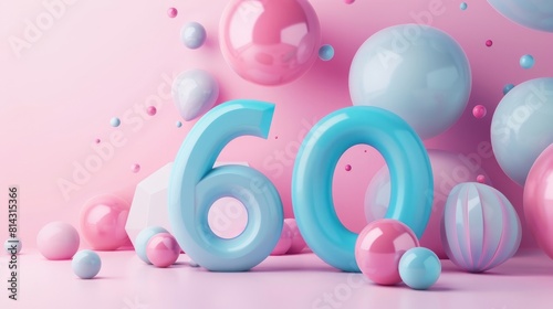 Colorful 60th birthday balloons in realistic glossy 3D style imitation on a bright pink background photo