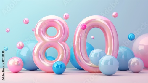 Realistic glossy number 80 in 3D style imitation is surrounded by pink and blue balloons, birthday mood photo