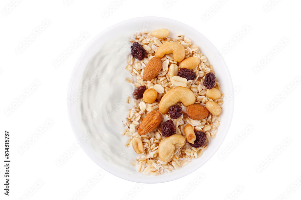 natural yogurt with homemade granola and nuts in ceramic bowl top view isolated white background natural yogurt with homemade granola and nuts in ceramic bowl top view isolated white background