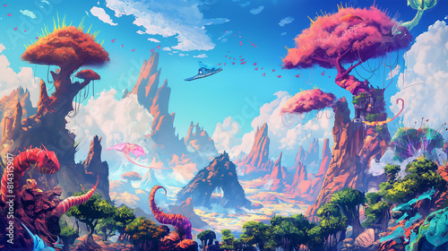 an artistic image depicting a fictional world with bright and bold colors, featuring imaginative landscapes, fantastical creatures, and whimsical elements © sabry
