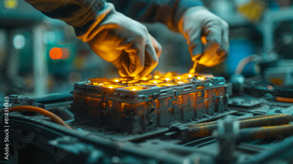 Two technicians in a workshop working on servicing and assembling electric car battery packs with glowing parts. Two technicians in a workshop working on servicing and assembling electric car battery packs with glowing parts.