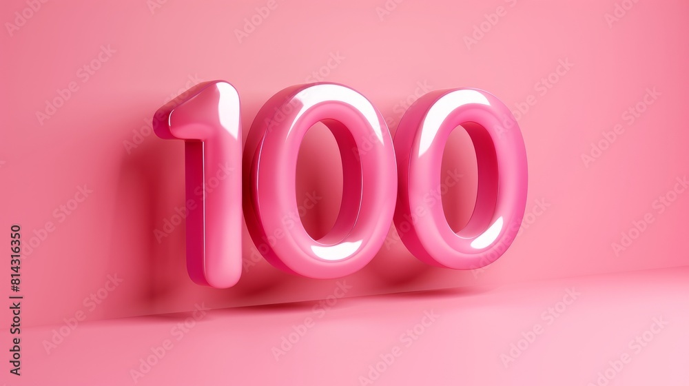 Realistic glossy pink number 100 in 3D style imitation on a pink background Realistic glossy pink number 100 in 3D style imitation on a pink background