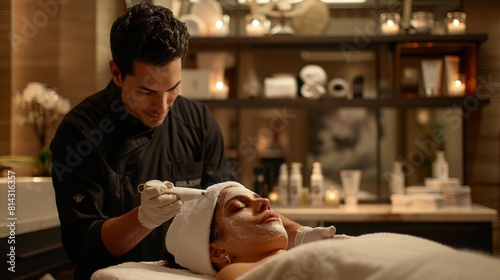 A male therapist performing a gentle facial cleanse on a woman  in a spa treatment room that features a blend of modern and rustic decor.