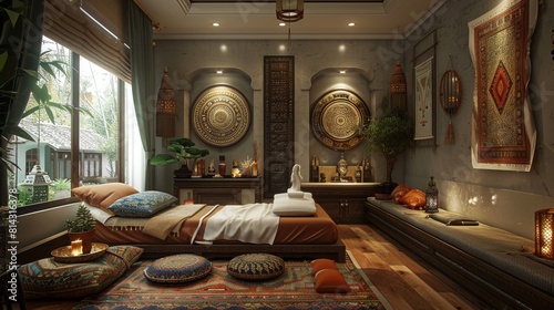 A male therapist performing a traditional Thai massage on a woman, in a room decorated with Eastern-inspired art and soft floor cushions.