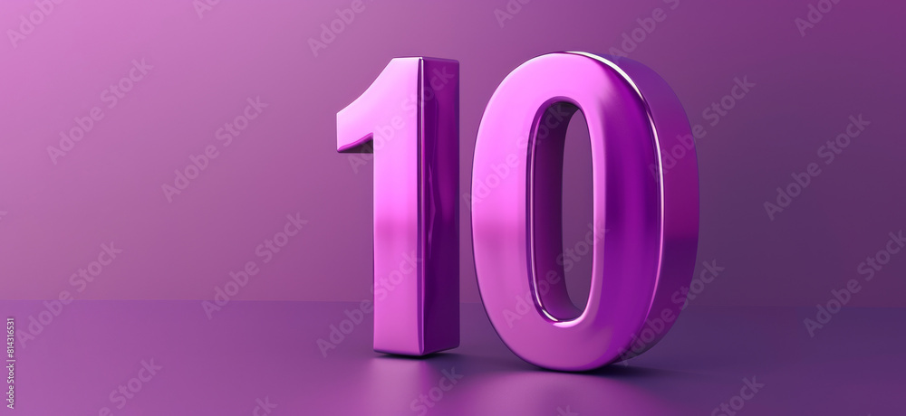 3D-style imitation purple number 10 displayed on a glossy purple background 3D-style imitation purple number 10 displayed on a glossy purple background