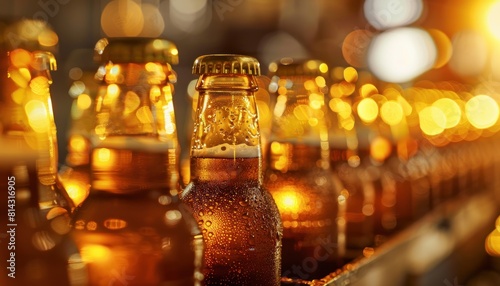 A brewery line with close-up of beer bottling. © Dusit