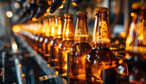 A brewery line with close-up of beer bottling.