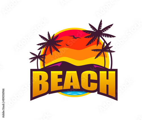 Paradise resort or summer tropical beach icon with palm trees, vector emblem. Ocean beach with sea waves, palms and seagulls silhouettes in sky with sunset sun for topical paradise island or holiday