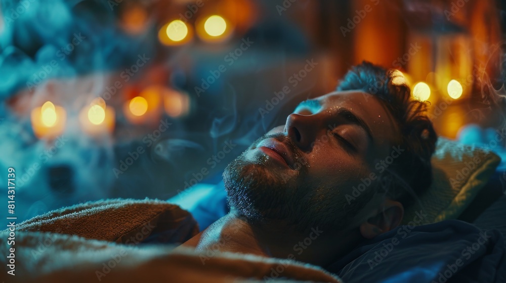 A man relaxing during a sound therapy session with tuning forks in a spa that specializes in sound healing. A man relaxing during a sound therapy session with tuning forks in a spa that specializes in sound healing.
