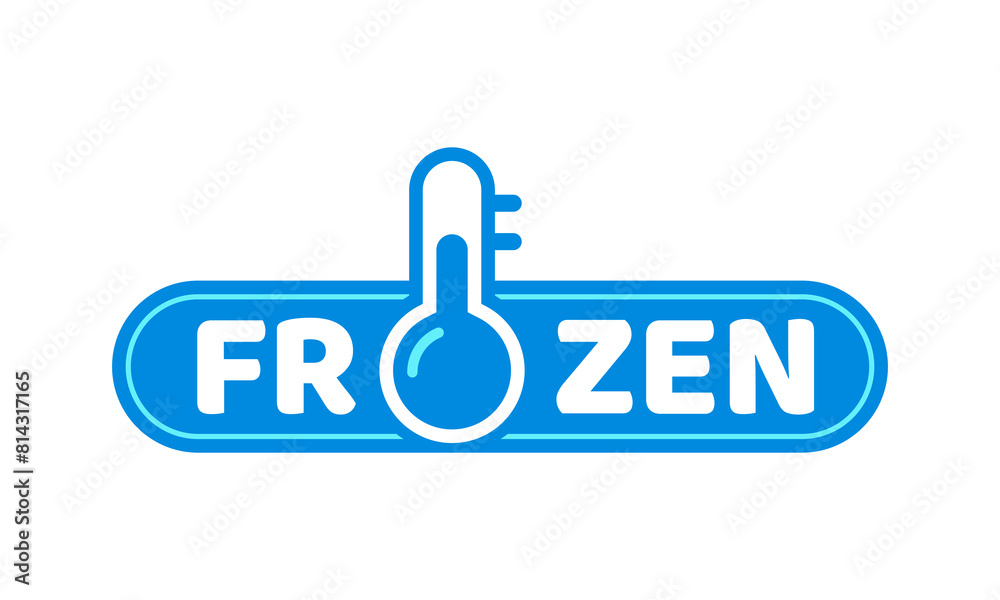 Blue frozen cold product icon, ice crystal label and badge. Isolated vector sticker for frozen food, features thermometer symbol for packages or frosty cold preservation items in blue or white colors Blue frozen cold product icon, ice crystal label and badge. Isolated vector sticker for frozen food, features thermometer symbol for packages or frosty cold preservation items in blue or white colors