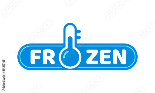 Blue frozen cold product icon, ice crystal label and badge. Isolated vector sticker for frozen food, features thermometer symbol for packages or frosty cold preservation items in blue or white colors