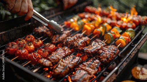 Barbecue grill with various products, meat and vegetables on the rack. man hands holding tongs over fire in garden party or family gathering for outdoor summer food