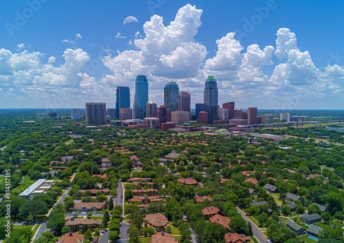 Stunning aerial view of modern city skyline with tall skyscrapers rising above lush green suburban residential area.