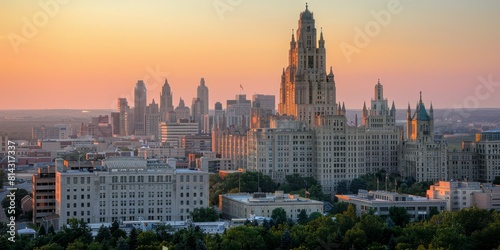 Scenic View of Kansas cityscape during Twilight with a Vibrant Sunset and Illuminated Skyline