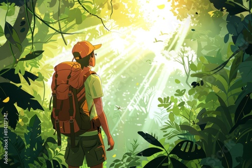 Cartoon cute doodles of a backpacker hiking through dense jungle foliage, with exotic birds chirping overhead and the sound of rushing, Generative AI photo